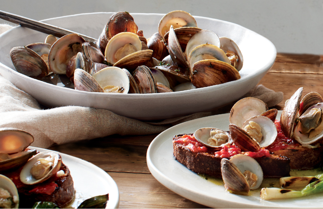 Palourdes et oignons verts grillés sur pan con tomate