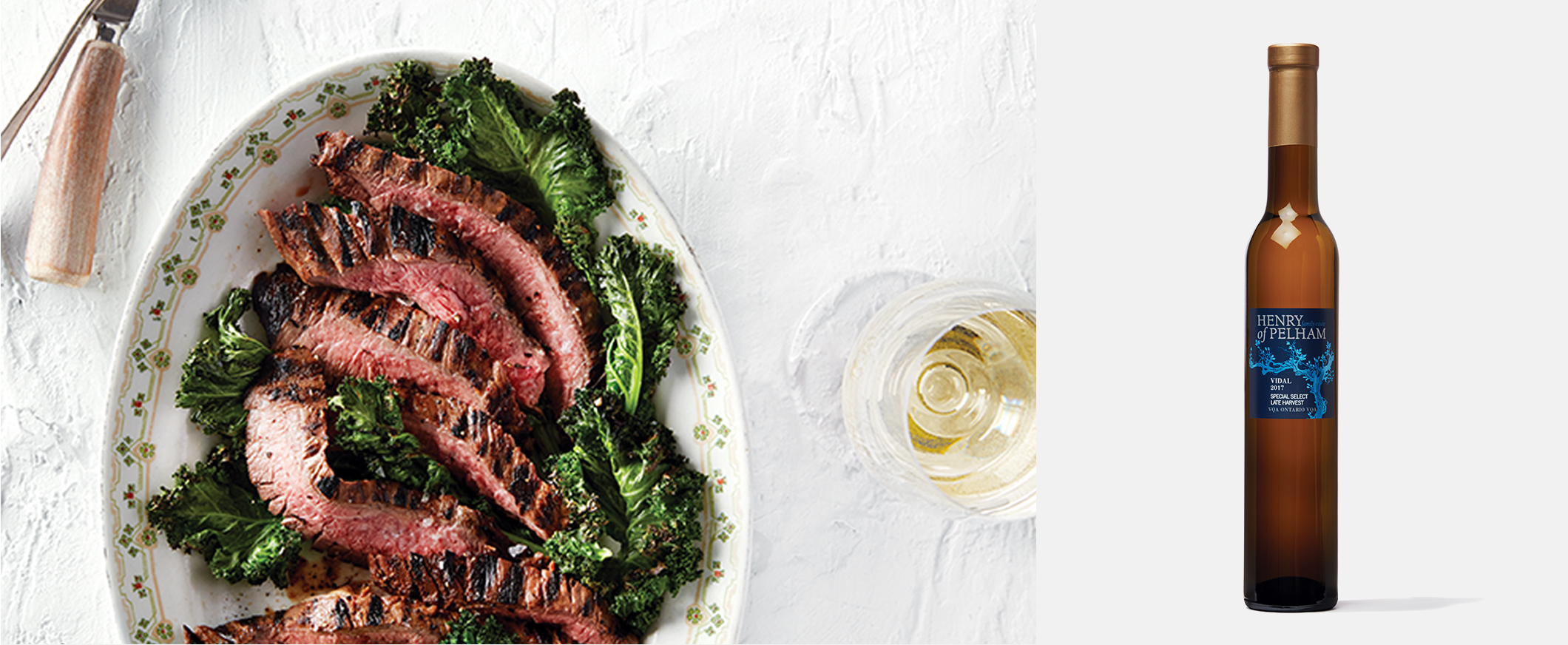 Bavette marinée dans du vin de vendange tardive et servie avec des légumes-feuilles grillés