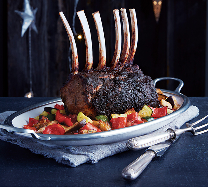 Porcini-Dusted Roast Rack of Veal on Ratatouille Vegetables