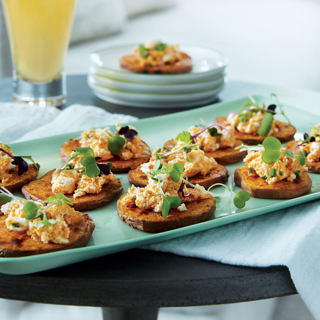 Sweet Potato Rounds with Goat Cheese, Honey & Harissa