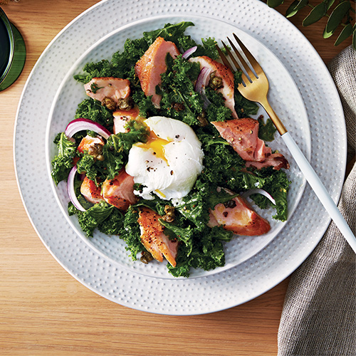 Warm Salad of Kale, Salmon & Poached Egg with Crispy Capers