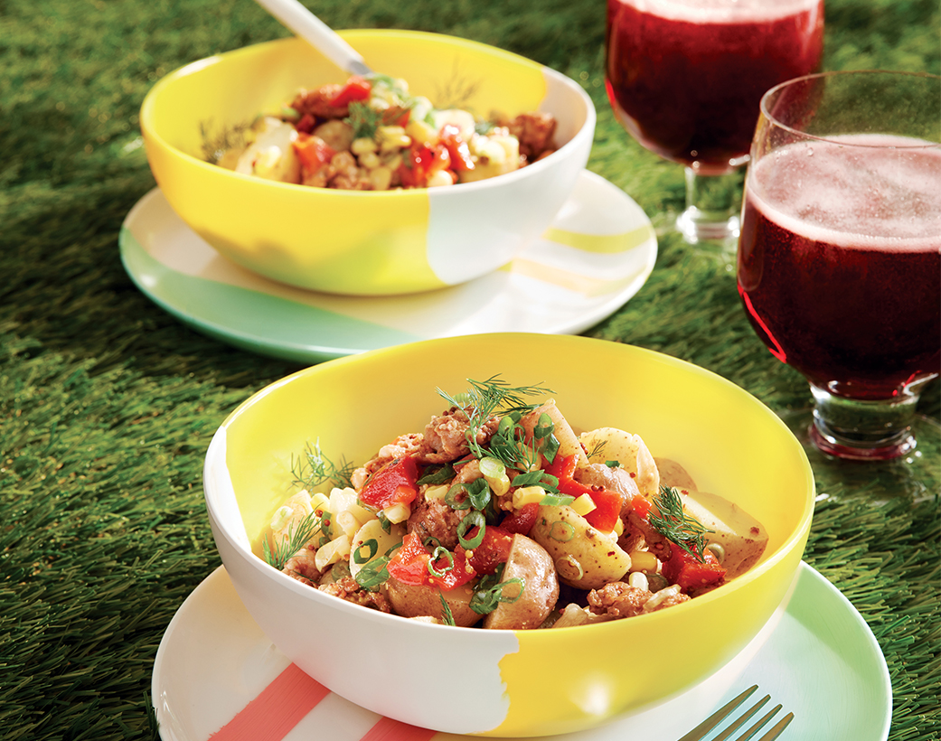 POTATO and CORN salad WITH ROASTED PEPPERS & CHORIZO VINAIGRETTE