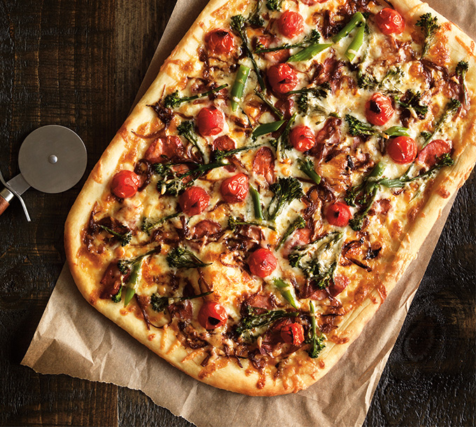 Pizza with Chorizo, Broccolini, Blackened Tomatoes & Manchego