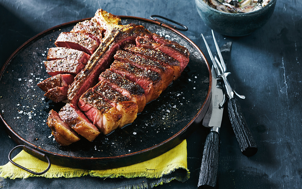 Salt-Crusted Porterhouse with Creamy Gorgonzola Mushrooms