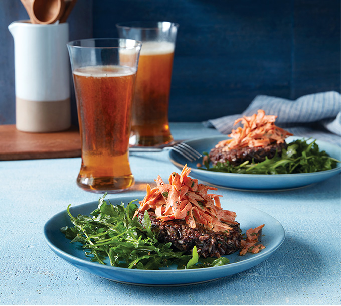 Wild Rice Cakes with Harissa Carrot Slaw