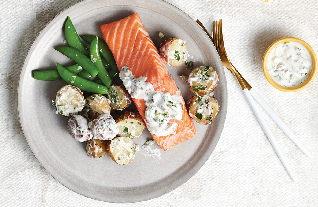 Brined Smoked Salmon with Potato Salad & Green Tartar Sauce