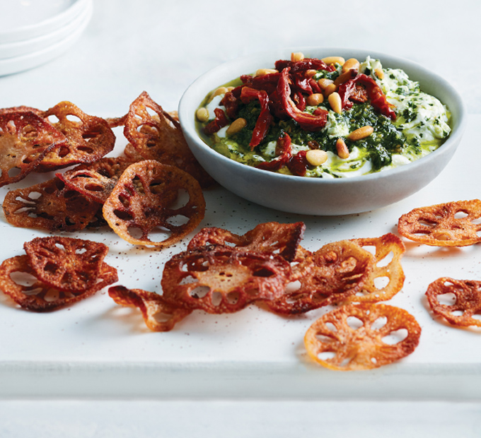 Greek Yogurt and Kale Pesto Dip & Smoked Sea Salt Lotus Chips