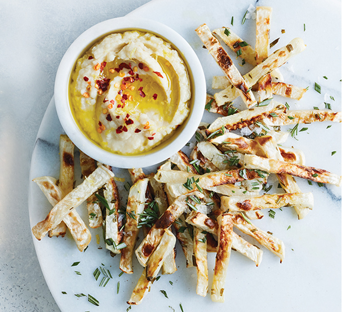 Lemony Garlic Butter-Bean Dip with Roasted Rosemary & Sea Salt Turnip Fries