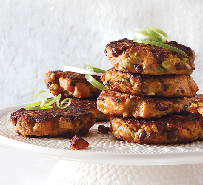 Squash, Adzuki Bean & Scallion Fritters with Sweet & Spicy Tahini Sauce