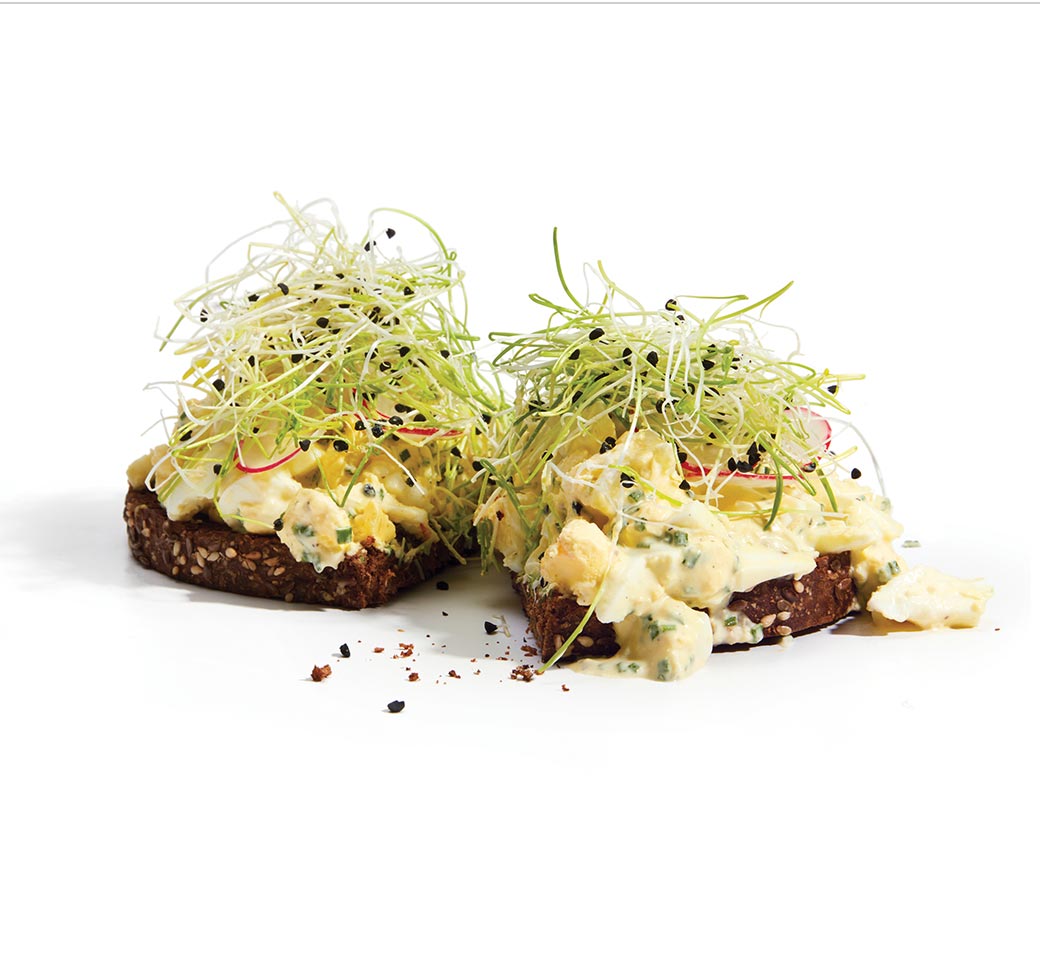 Tartine of Egg Salad with Onion Sprouts & Radishes