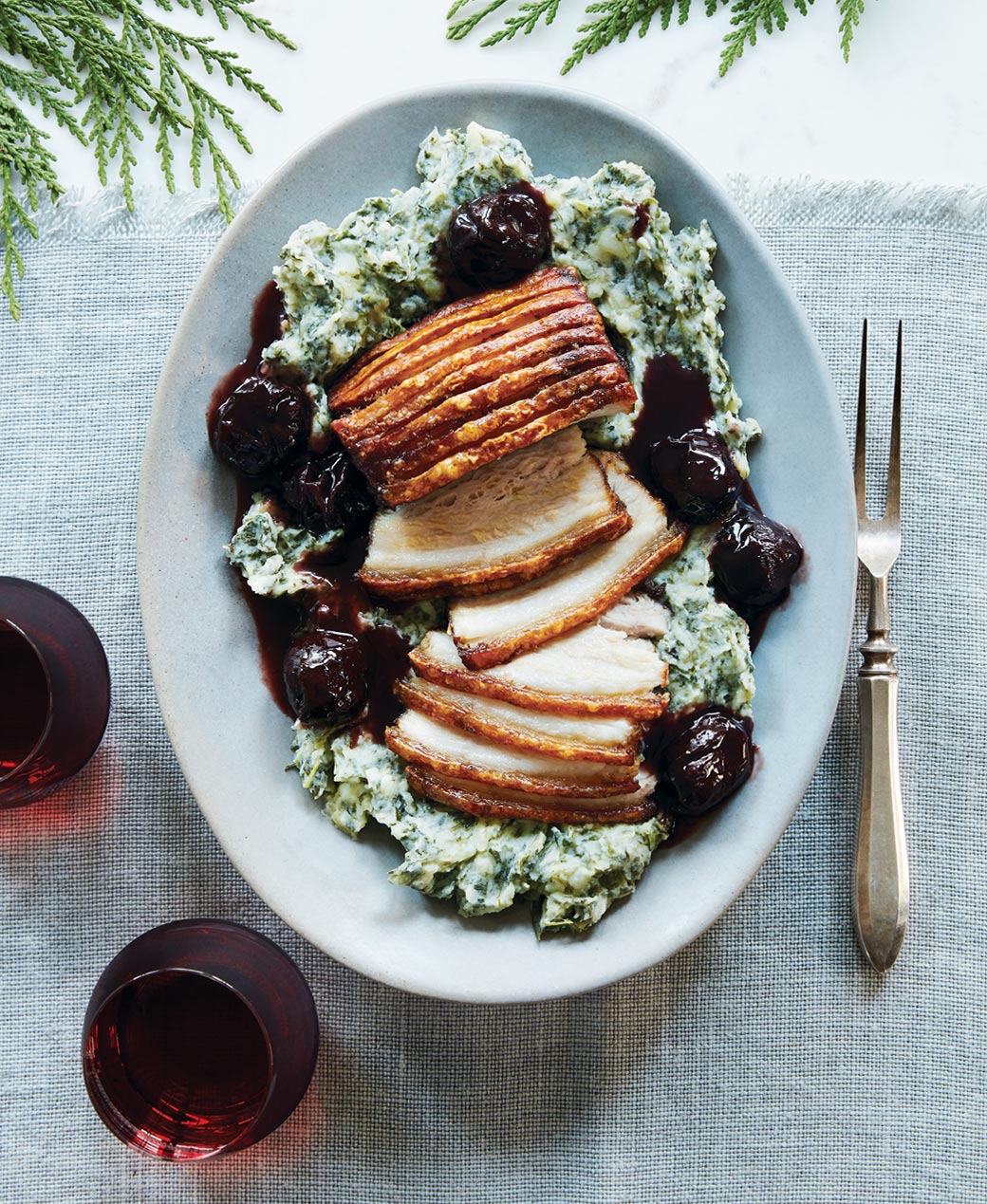 Roast Pork Belly with Prune Sauce and Lemony Spinach & Potato Purée