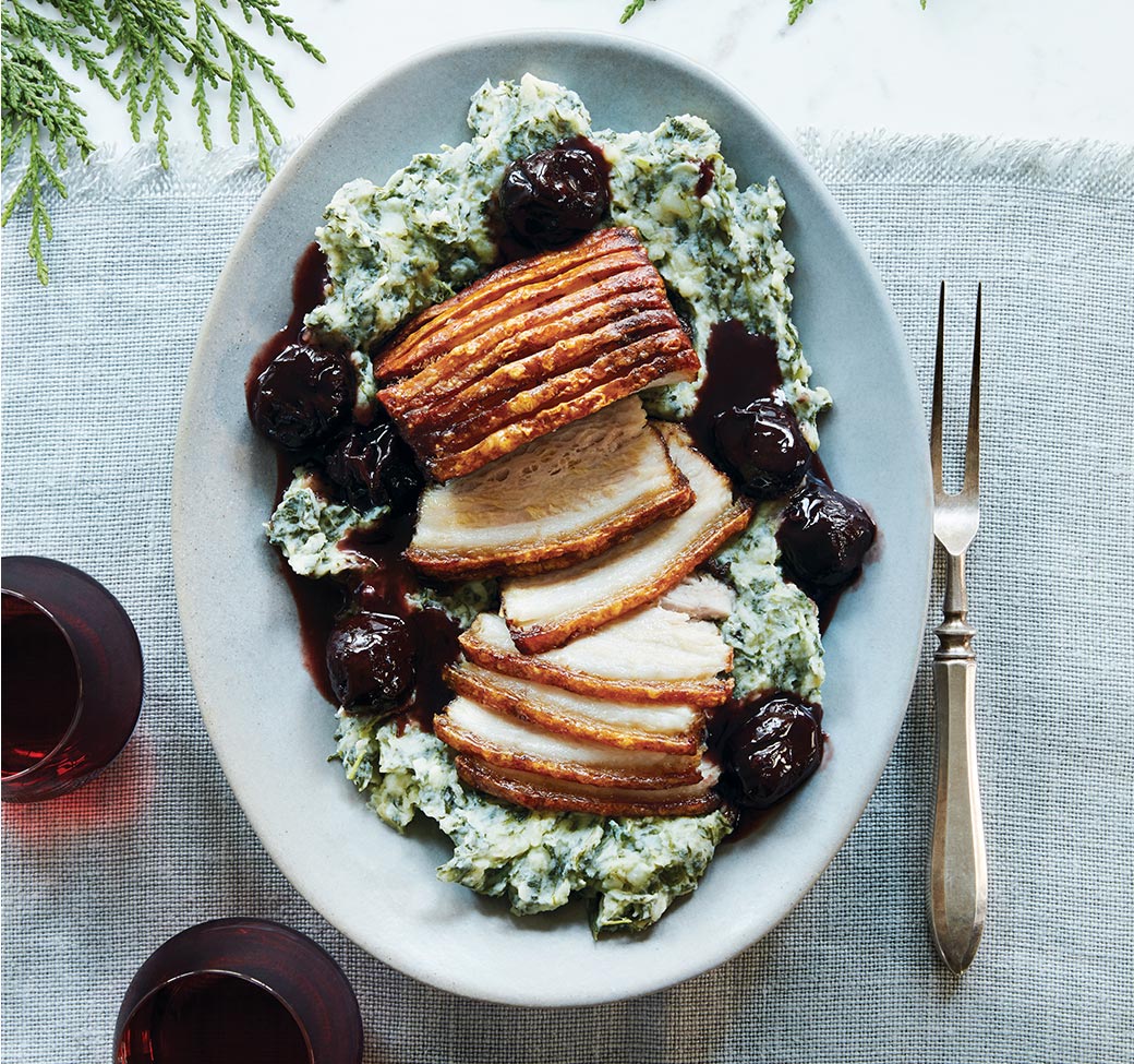 Roast Pork Belly with Prune Sauce and Lemony Spinach & Potato Purée