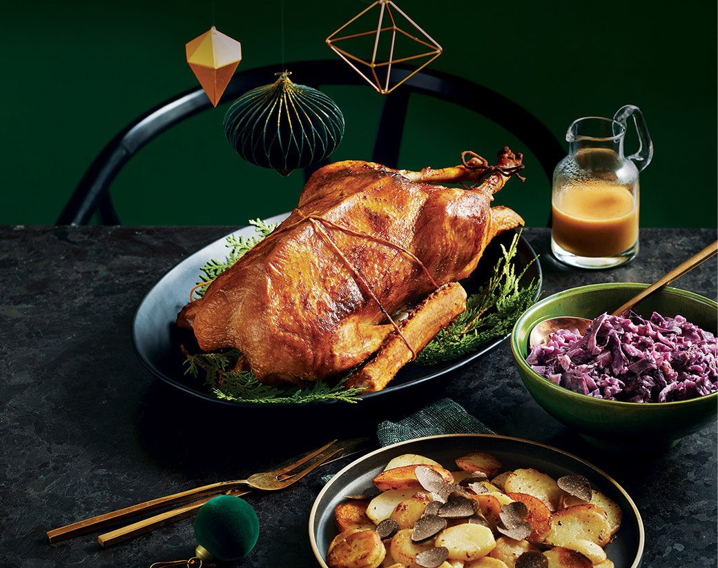 Roast Goose with Perry Sauce, Creamy Braised Cabbage and Pommes Sarladaises