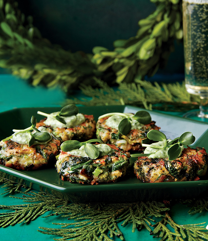 Charred Broccoli & Spinach Fritters with Green Goddess Dressing