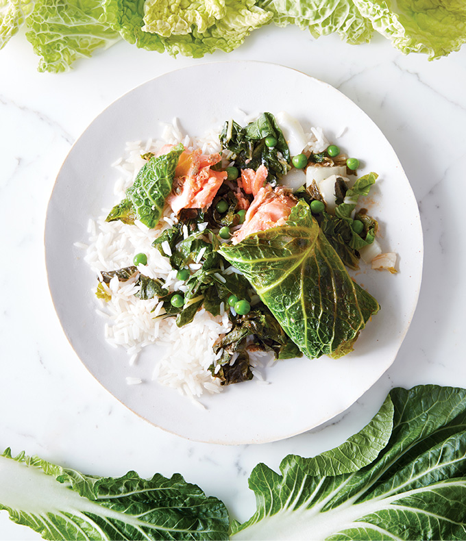 Savoy Salmon with Caper Butter, Bok Choy & Peas