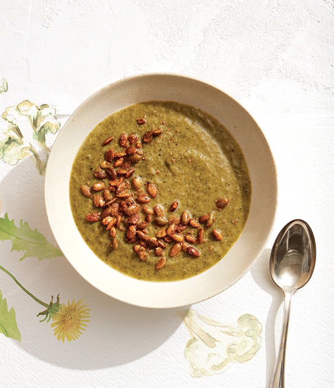 Roasted Cauliflower & Dandelion Soup with Pumpkin Seeds