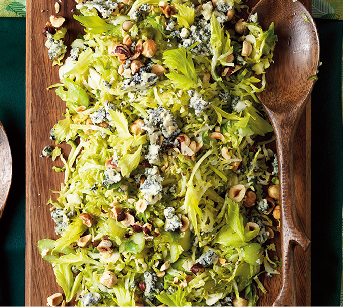 Warm Shaved Brussels Sprout Salad with Roquefort & Hazelnuts