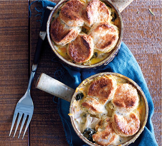 Four-Cheese Chicken, Kale & Sweet Potato Cobblers