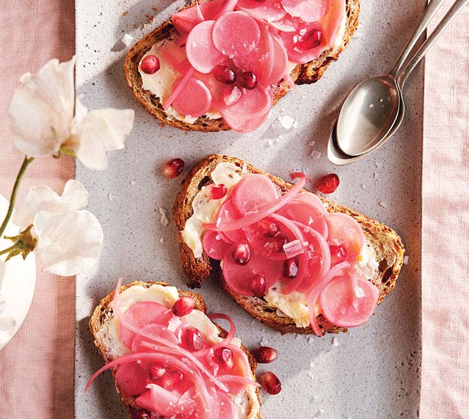 Bread & Butter with Pomegranate, Pickled Radishes & Onions