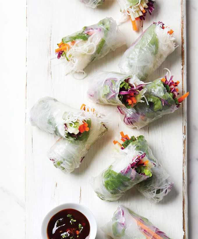 Fresh Vegetable & Noodle Spring Rolls with Chili Garlic Hoisin