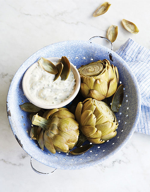 Artichauts à la vapeur avec trempette au chèvre aux fine herbes