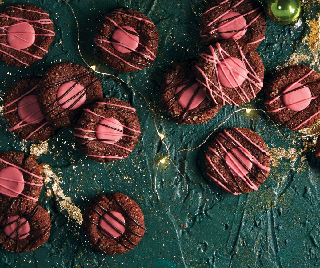 Sparkling Triple Chocolate Thumbprints with Ruby Centres