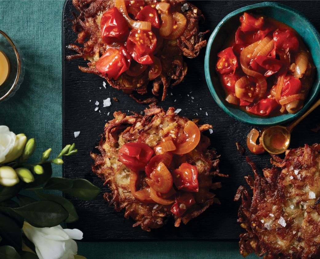 Classic Latkes with Tomato-Harissa Chutney