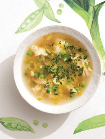 RECIPE - Chicken Brodo with Egg Drops, Spring Peas & Leeks