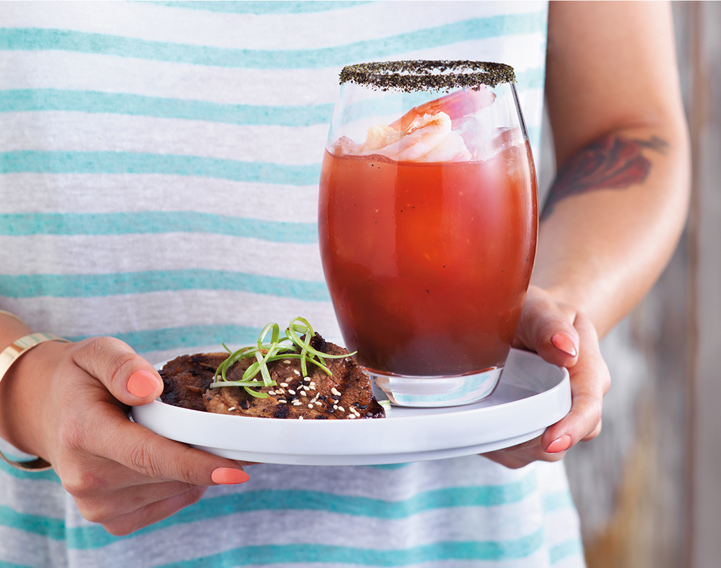 Sriracha Caesar with Lemon-Grass-Poached Shrimp