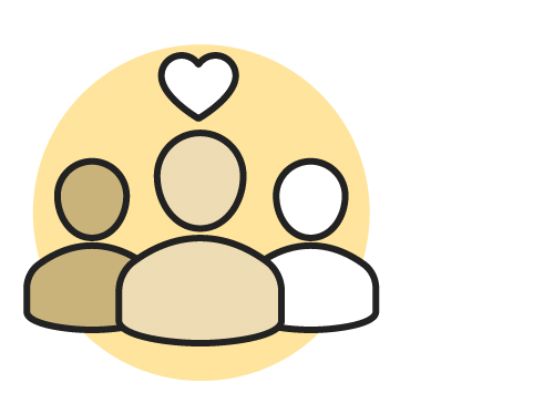 Image graphique d’un groupe diversifié de 3 personnes avec un cœur symbolique au-dessus d’elles, représentant l’unité et la cohésion.