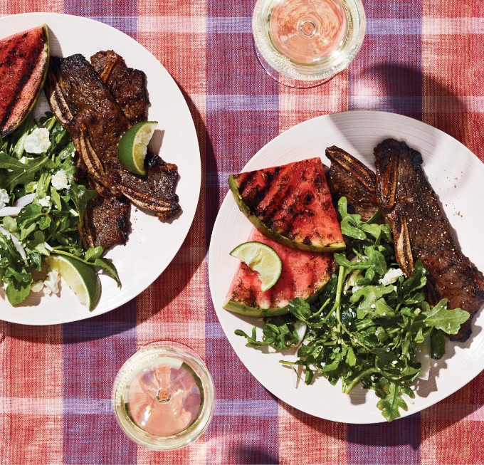 Marinated Miami Short Ribs with Grilled Watermelon & Greens