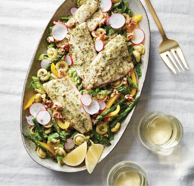 Grilled Perch & Asparagus Pesto Pasta Salad