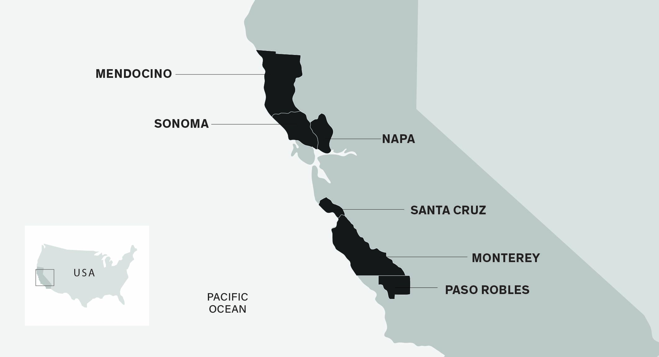 California wine region map. San Francisco centre. Napa, Sonoma and Mendocino north of San Francisco and Santa Cruz, Monterey, Paso Robles to the south. Full descriptions below.