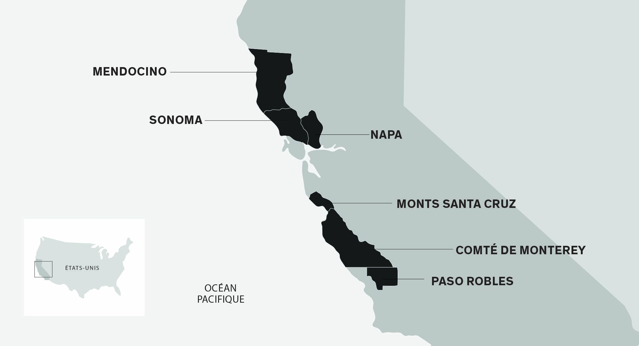 Carte de la région vinicole de la Californie. San Francisco au centre. Napa, Sonoma et Mendocino au nord de San Francisco, et Santa Cruz, Monterey, Paso Robles au sud. Descriptions complètes ci-dessous.