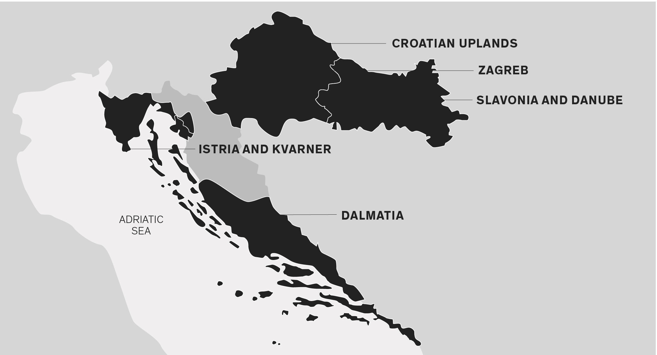 Map of Croatia. Adriatic Sea to the west. Zagreb north central. Croatian Uplands northeast. Slavonia and Danube east. Istria and Kvarner northwest bordering Adriatic. Dalmatia south, bordering Adriatic.