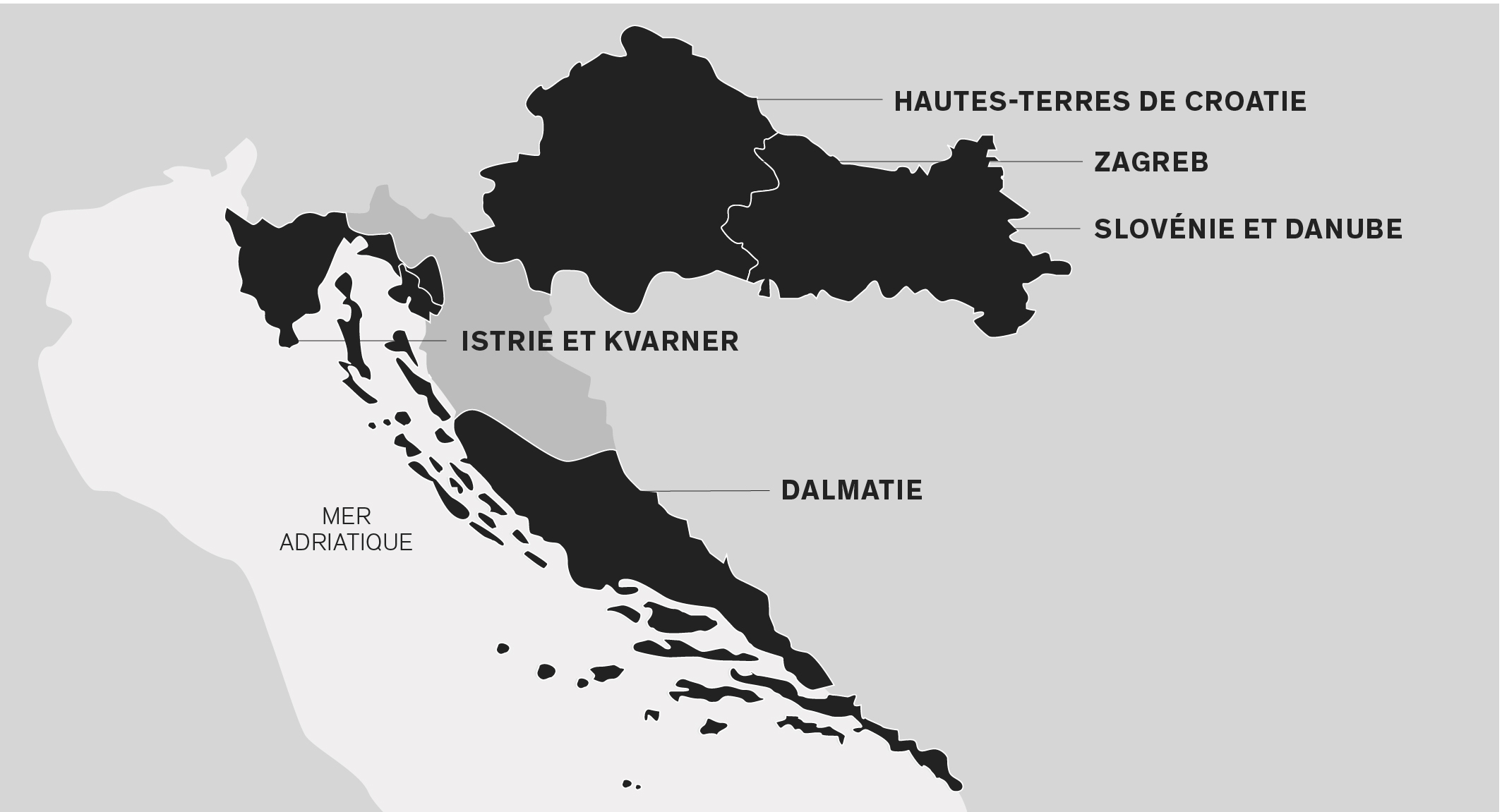 Carte de la Croatie. Mer Adriatique à l’ouest. Zagreb, au centre nord du pays. Hautes-Terres de Croatie au nord-est. Slavonie et Danube à l'est. Istrie et Kvarner, au nord-ouest, sur les rives de l’Adriatique. Dalmatie au sud, le long de l’Adriatique.