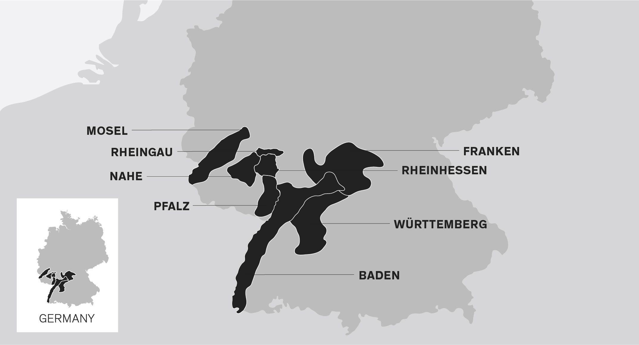 Map of Germany. Mosel, Rheingau, Nahe, Pfalz and Rheinhessen are on the western side. Franken is central, Württemberg and Baden are further south.