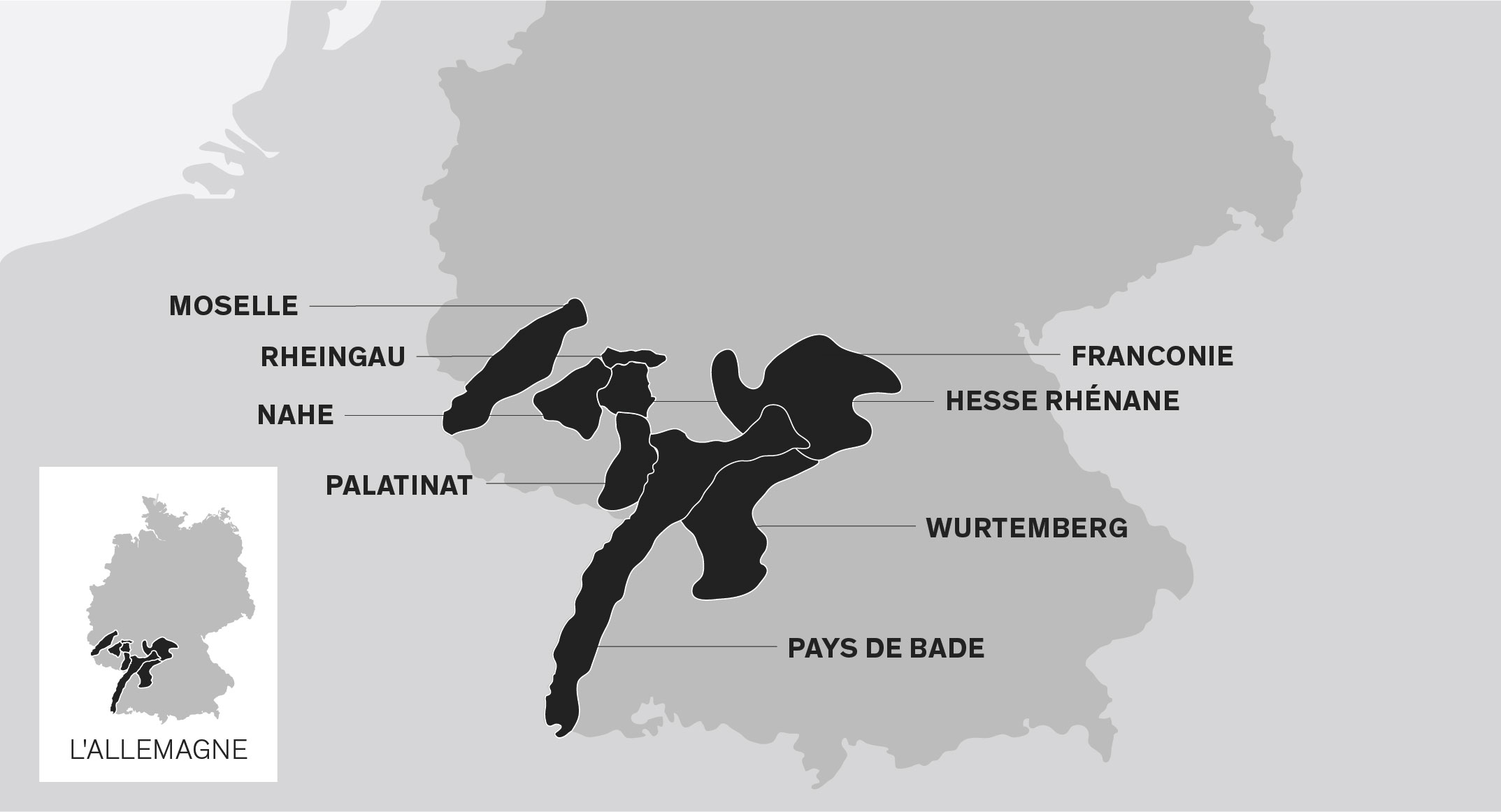 Carte de l'Allemagne. Les régions de Moselle, Rheingau, Nahe, Palatinat et Hesse rhénane se trouvent à l'ouest. La Franconie se situe au centre, tandis que Württemberg et Bade sont plus au sud.