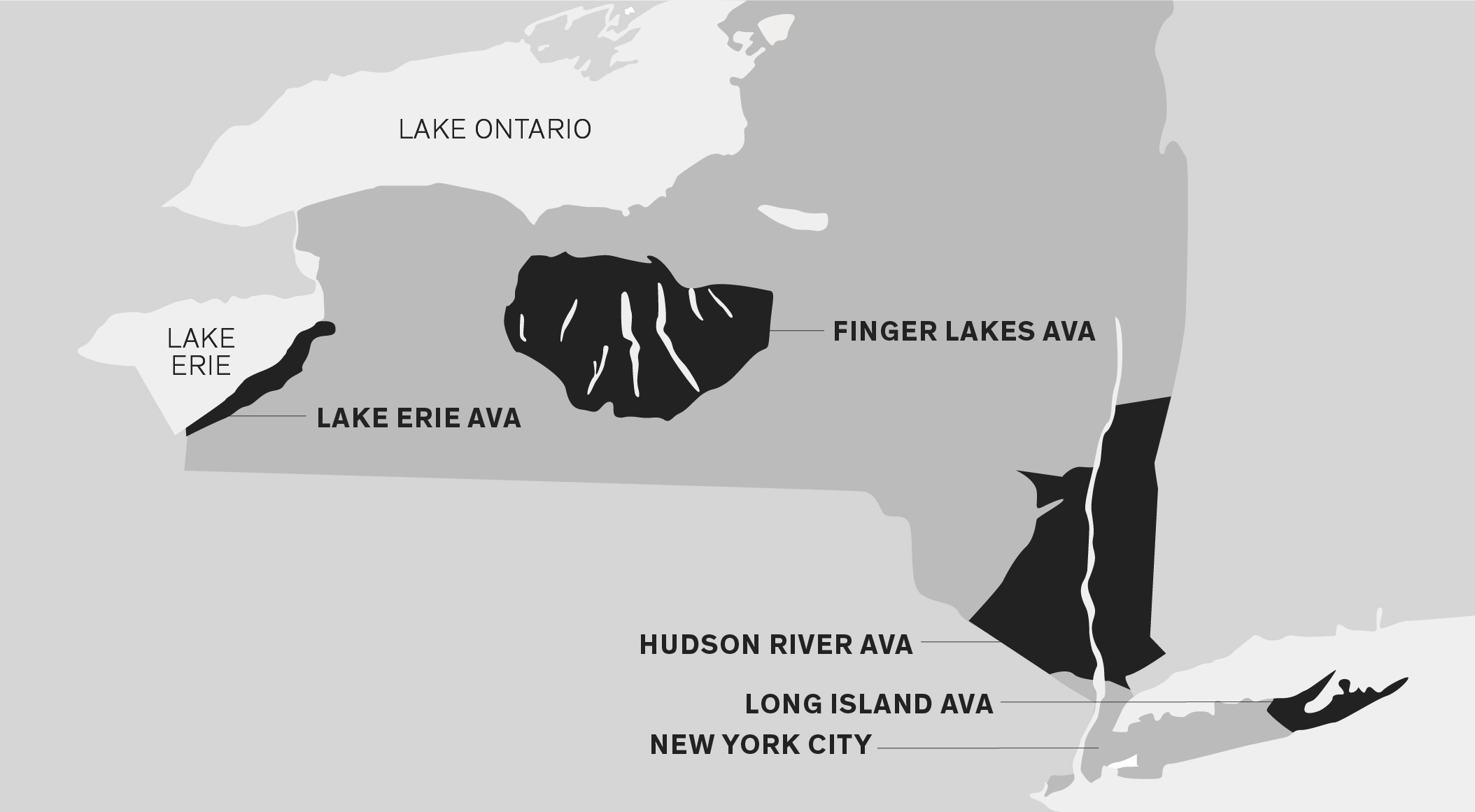 New York wine region map. NYC bottom right. Long Island region to the east and Hudson River region to the north. Finger Lakes and Lake Erie regions northwest of Hudson River region. Full descriptions below.