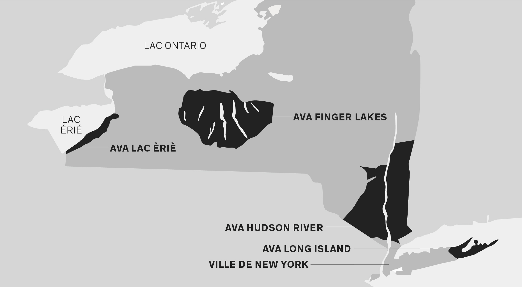 Carte de la région vinicole de l'État de New York. Ville de New York en bas, à droite. Région de Long Island à l'est et rivière Hudson au nord. Régions de Finger Lakes et de Lake Erie au nord-ouest de la région de Hudson River. Descriptions complètes ci-dessous.