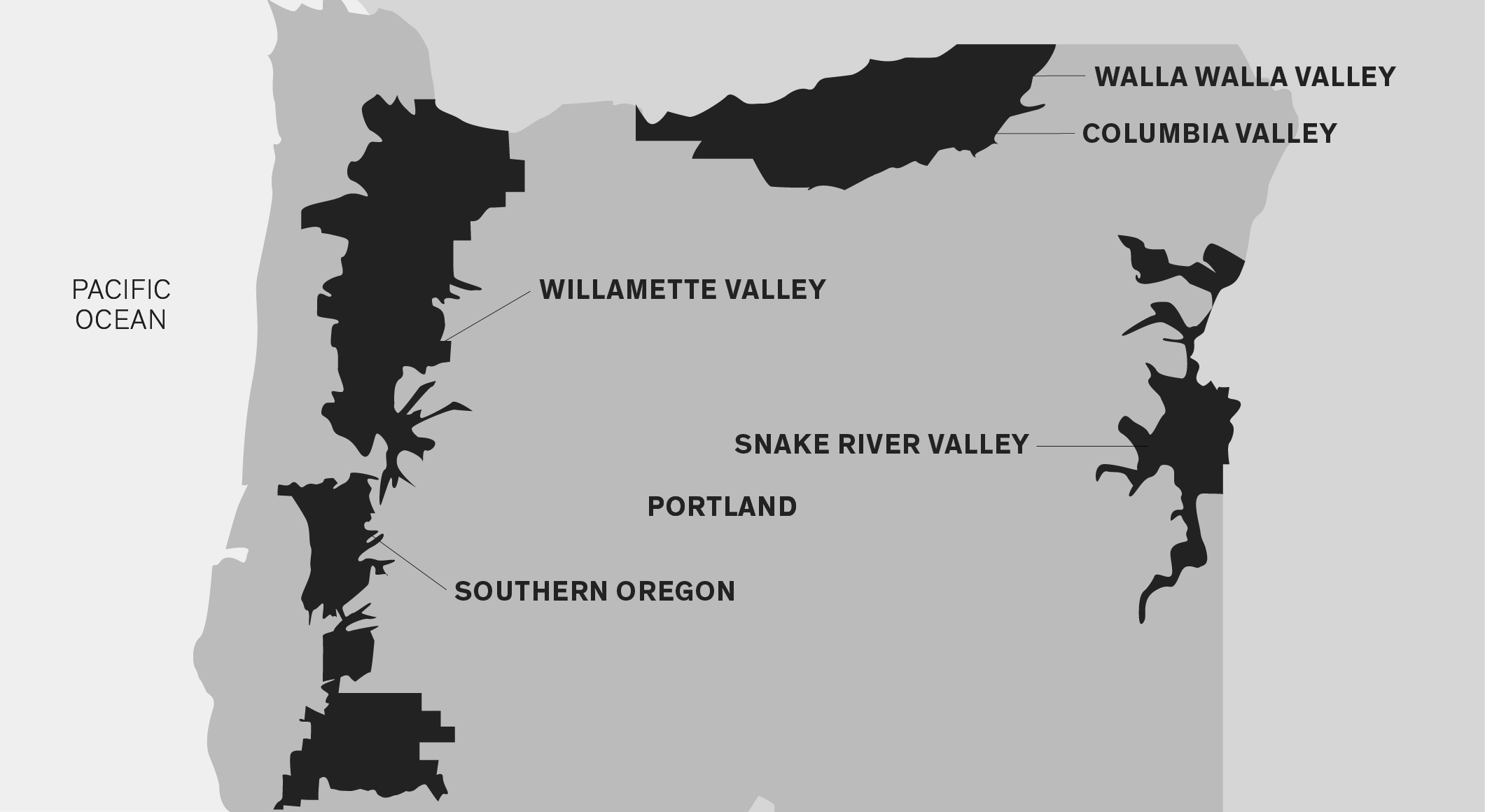Map of Oregon. Pacific Ocean to the west. Portland in the northwest. Columbia Valley and Walla Walla east of Portland. Willamette Valley and Southern Oregon south of Portland. Snake River Valley central east.