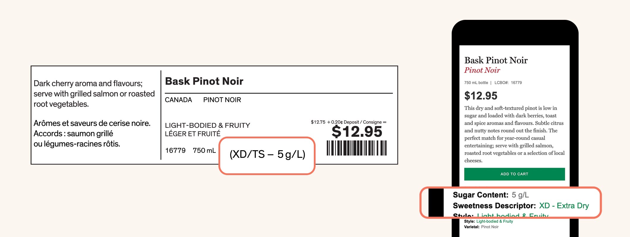 The amount of a wine’s sugar per litre can be found on its tag in store or on the product page on the website. 