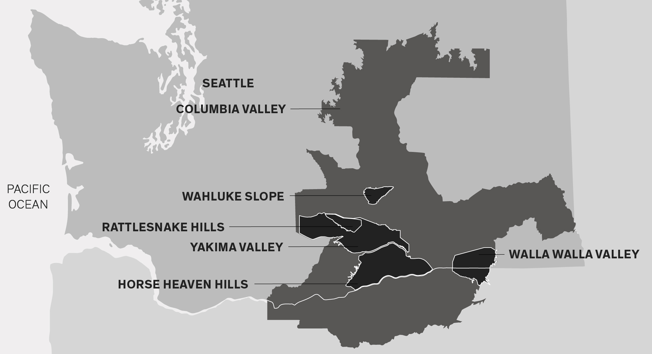 Map of Washington State. Seattle in northwest. Columbia Valley, Wahluke Slope, Rattlesnake Hills, Yakima Valley and Horse Heaven Hills southeast of Seattle. Walla Walla Valley east of Yakima.