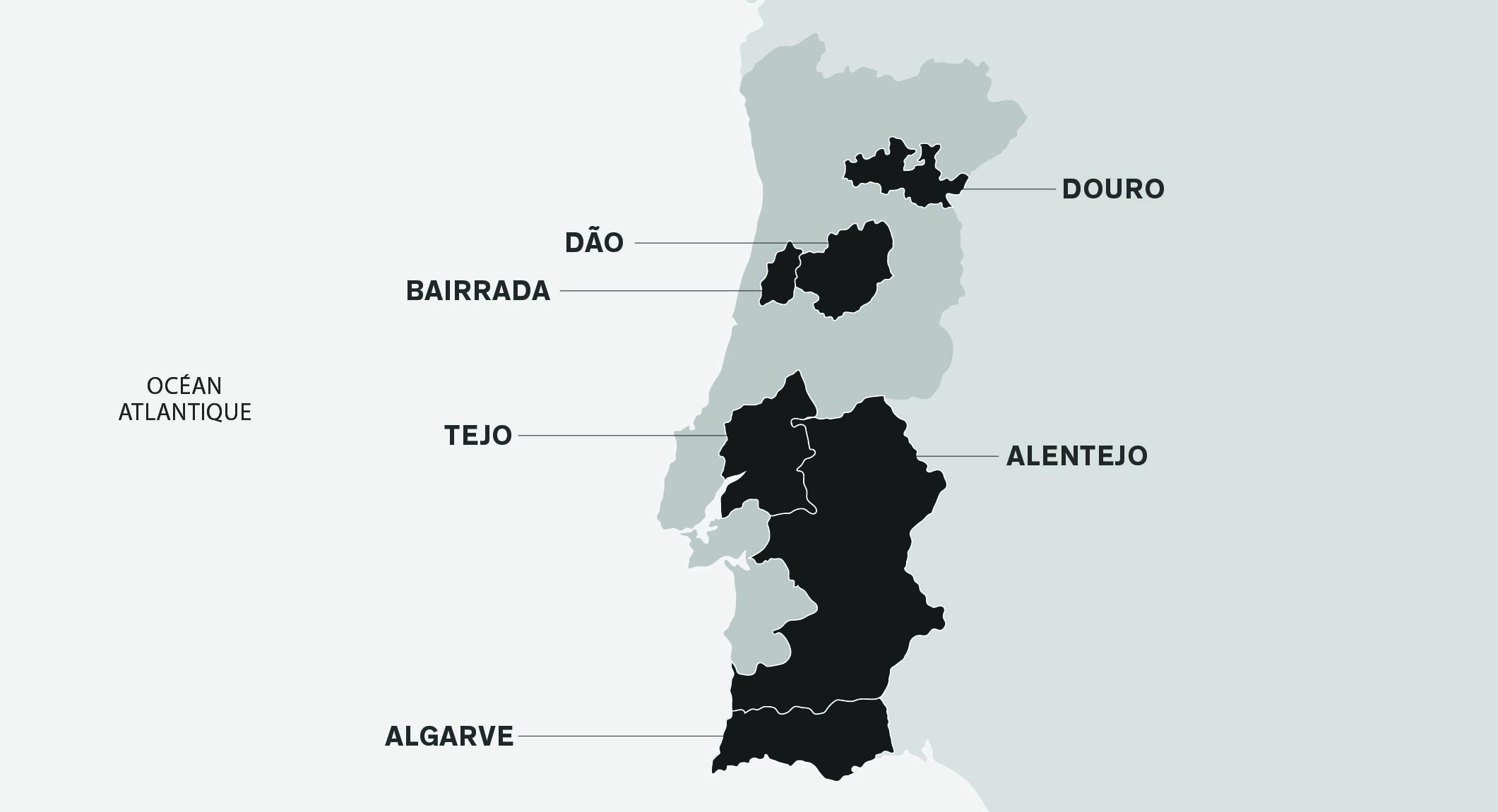 Une carte des régions viticoles du Portugal avec le Douro et l'Alentejo sur la côte est. Au nord, du côté de l'océan Atlantique, se trouvent les régions de Dáo et de Bairrada, au centre celle de Tejo, et au sud, celle de l'Algarve.