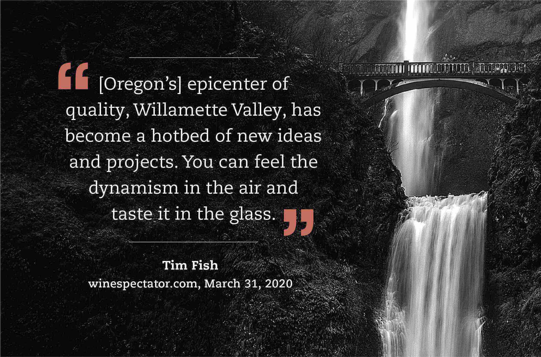 “... [Oregon’s] epicenter of quality, Willamette Valley, has become a hotbed of new ideas and projects. You can feel the dynamism in the air and taste it in the glass.” (Tim Fish, winespectator.com, March 31, 2020)