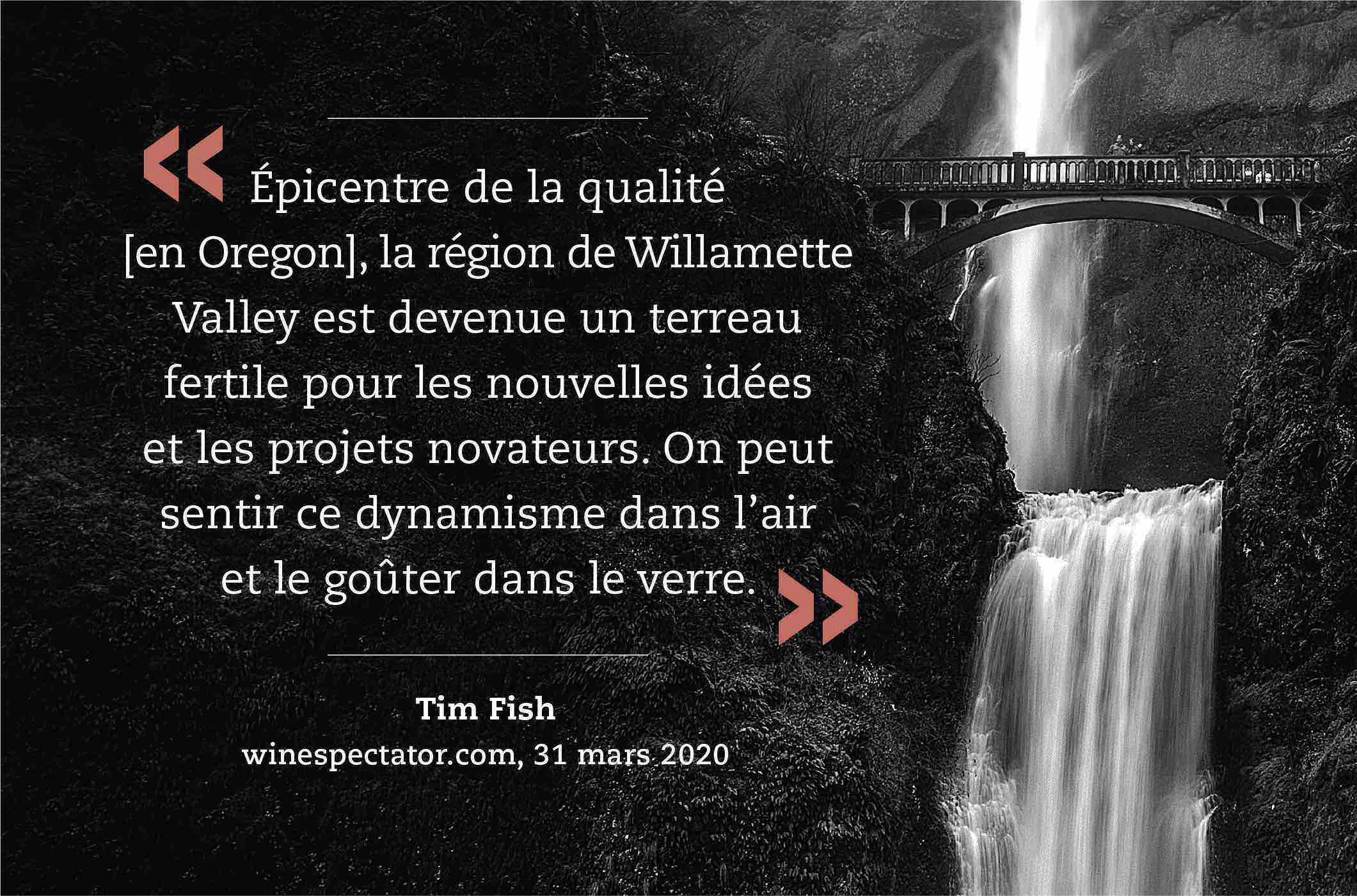 « Épicentre de la qualité [en Oregon], la région de Willamette Valley est devenue un terreau fertile pour les nouvelles idées et les projets novateurs. On peut sentir ce dynamisme dans l’air et le goûter dans le verre. » (Tim Fish, winespectator.com, 31 mars 2020)